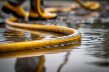 Fototapeta premium Yellow hose lies in puddle, reflecting in water surface. Image suggests themes of water, utility, and industry work