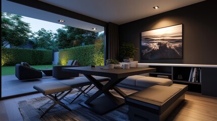Fototapeta premium Modern open-plan living area, evening, garden view, interior design