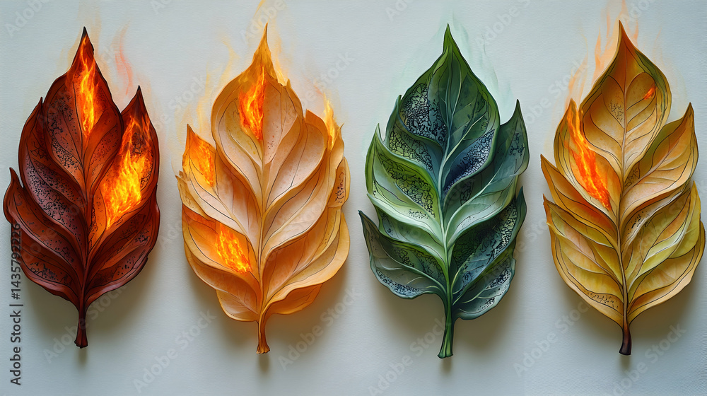 Poster four stylized leaves each in a different autumnal color with flames depicted within them