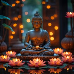 Obraz premium Buddha statue surrounded by glowing lotus flowers and flickering candlelights, soft warm light filling the scene, peaceful and serene, perfect for Buddha Purnima festival celebrations, elegant and div