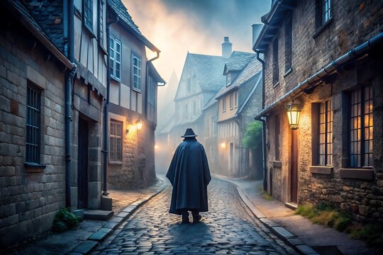 A cloaked figure walking down a cobblestone street in a european village with foggy atmosphere and lamps - Powered by Adobe