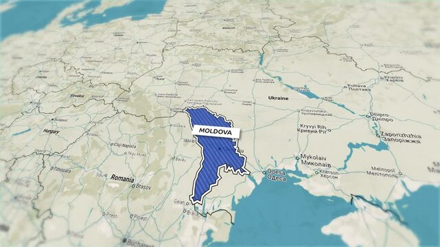 Borders of the state of Moldova on the map. Country Moldova on the map is highlighted by a polygonal border. From above zooming in with panoramic view