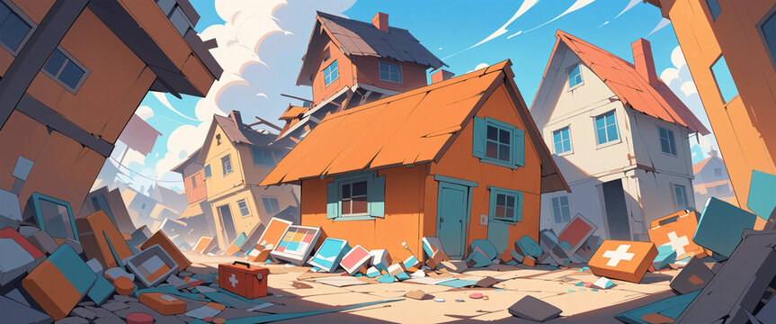 Cartoon City Destroyed by a Tornado with Scattered First Aid Kits