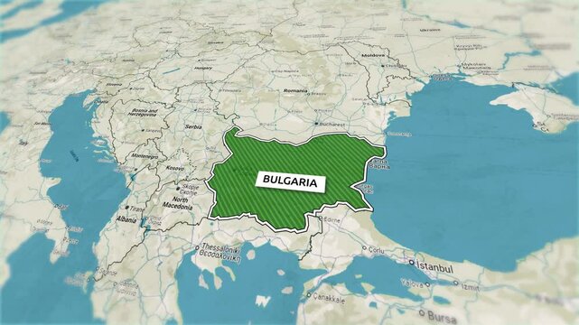 Borders of the state of Bulgaria on the map. Country Bulgaria on the map is highlighted by a polygonal border. From above zooming in with panoramic view