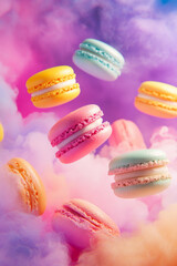 Obraz premium Macarons stacked in a dreamy cotton candy cloud scene with a rainbow