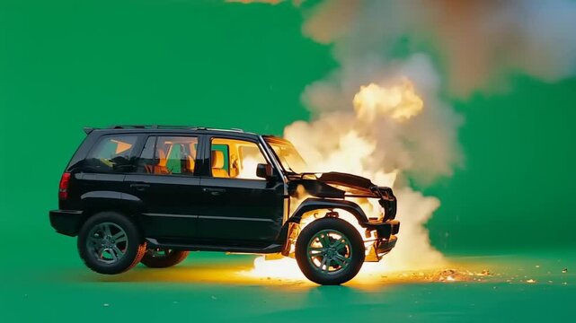 Exploding SUV on green screen