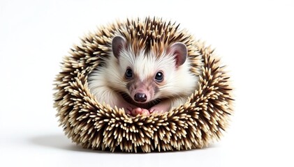 Obraz premium Tiny hedgehog curled in a ball, isolated on pure white background, adorable, fauna