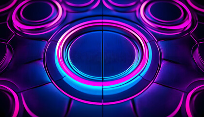 abstract background with neon blue and purple circles on a dark geometric pattern