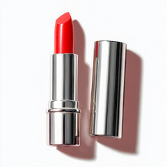 Obraz premium Red lipstick with silver case open on white background