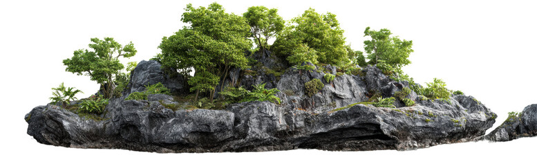 Lush greenery atop rocky terrain.