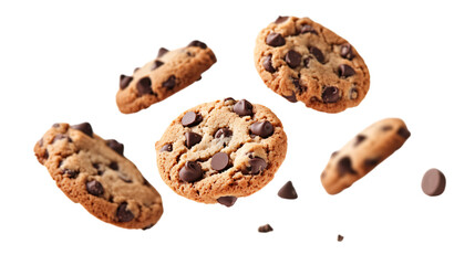 Delicious Chocolate Chip Cookies Floating and Falling Isolated on White Background