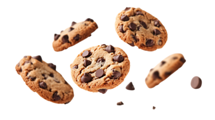 Delicious Chocolate Chip Cookies Floating and Falling Isolated on White Background