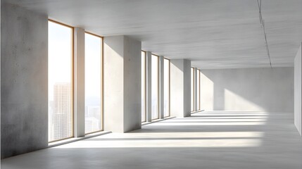 Fototapeta premium Minimalist concrete wall with large windows and soft light, embodying clean modern design in a simple office space