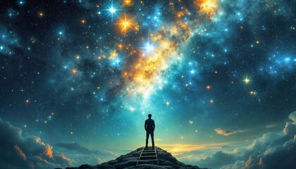 Stargazer on a Cliff: A lone figure stands on a cliff, gazing in awe at a breathtaking cosmic spectacle of vibrant nebulae and countless stars. The scene evokes a sense of wonder, exploration.