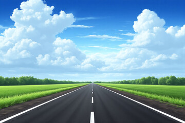 long empty road in the middle of a green field
