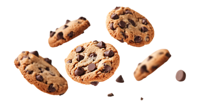 Delicious Chocolate Chip Cookies Floating and Falling Isolated on White Background