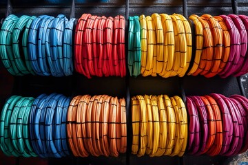 Colorful coiled cables neatly arranged on display in a hardware store