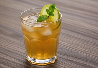 Fototapeta premium Refreshing drink with ice, lime and mint on wooden table