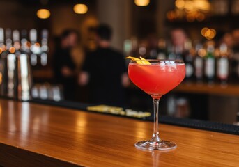Red cocktail with orange zest on a wooden bar counter