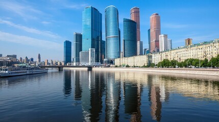 Obraz premium Moscow city skyline skyscrapers reflected in river, sunny day
