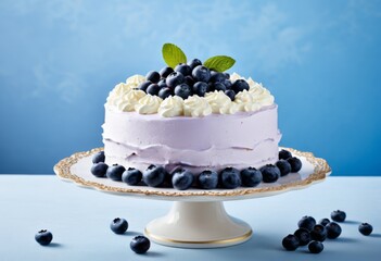 There's a blueberry cake on the white plate