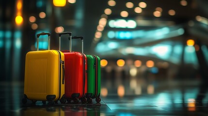 Fototapeta premium Colorful suitcases lined up at modern airport terminal with blurred lights in background 