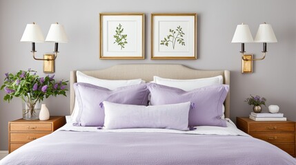 eclectic bedroom, fabric headboard, dusty lilac bedding, two wall sconces, warm gray walls, framed wall art, linen throw, cozy balance