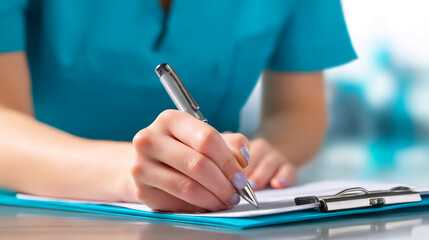 Close-up of hand writing on clipboard with pen, teal uniform in soft focus background, showcasing medical record keeping or administrative tasks