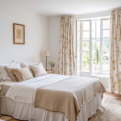 french provence bedroom, pastel fabrics, soft light, clean layout, vintage accents, cozy mood, minimal floral decor, compact and calm