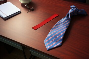 A blue striped tie and a red ribbon rest on a wooden desk, suggesting preparation for an important event or ceremony.
