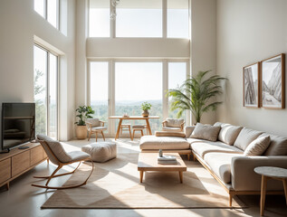 Fototapeta premium Bright Modern Living Room with Large Windows