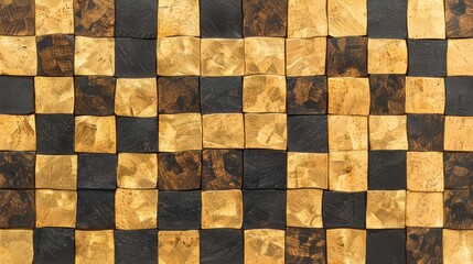 A close-up view of a wall with a checkerboard pattern of alternating black and gold squares.