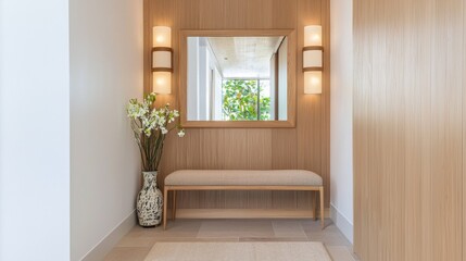 mid century modern hallway, front view, wood wall panel, bench with textile seat, wood framed mirror, ceramic decor, soft wall lighting, clean calm style