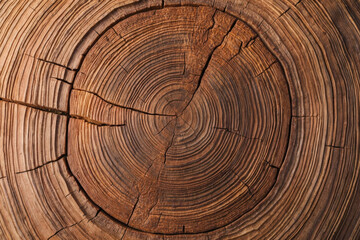 Naklejka premium Close-up of a tree trunk cross-section, displaying its intricate rings and beautiful textures.