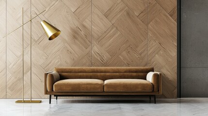 Neoclassic Brutalist living, velvet sofa, neutral palette, brass floor lamp, abstract wall panel, cozy modern mood