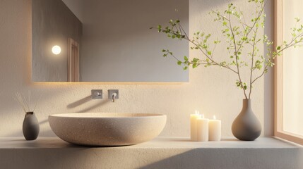 Organic minimalist bathroom with stone sink, candles, ambient AI lighting and natural decor wellness, ambient tech, slow living