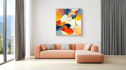 Peach sofa, abstract wall art, deep gray curtain, soft matte surfaces and tactile balance, compact modern frame