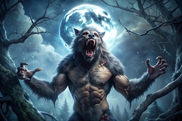 A menacing werewolf howling at the moon in a dark forest with gnarled trees and eerie shadows