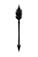 Naklejka premium Black arrowhead, stylized. A detailed graphic of a bold, black arrow, with a pointed tip and fanned, faceted feathers