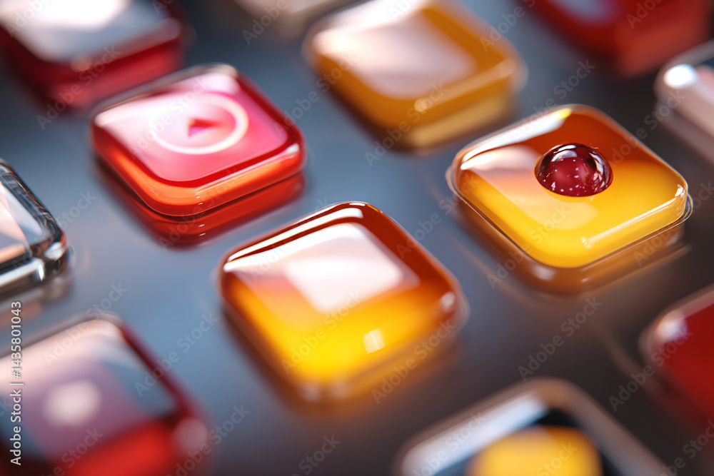 Poster close-up of glossy square buttons in red and amber, showcasing a play icon and a single red jewel-li