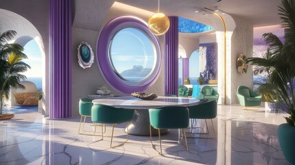 Luxury ocean-view dining room, modern design, coastal setting, sunrise