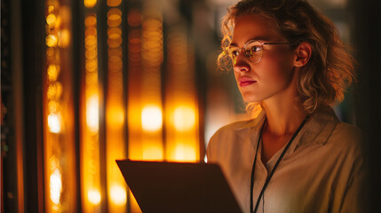 Woman with glasses, holding tablet, standing before blurred orange lights, conveying focus, technology, and data analysis