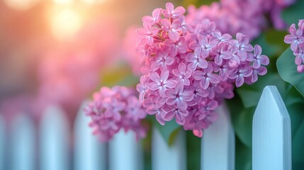 Obraz premium blooming lilac bush with soft purple petals under spring sunlight 