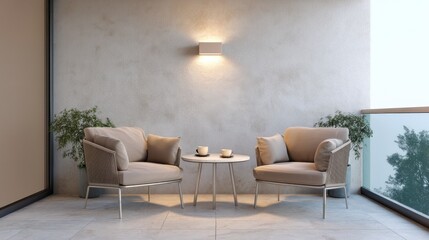 Fototapeta premium small mocha balcony full view, two taupe lounge chairs, soft beige wall, round table, matte floor, ambient wall light, cozy peaceful setting