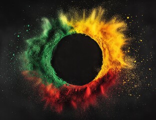 Colorful powder explosion forming a circle on black background