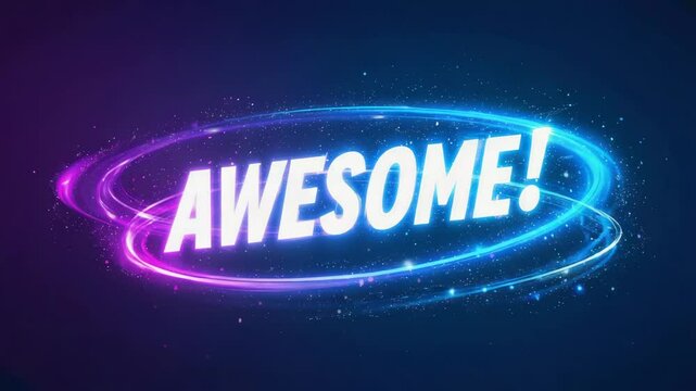 Glowing Neon AWESOME Text with Energy Swirl Effect - Dynamic Typography with Purple and Blue Light Trails - Vibrant Motivational Word on Dark Background 4k video. - Powered by Adobe