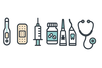 A pet health tool icon set features a bandage and thermometer