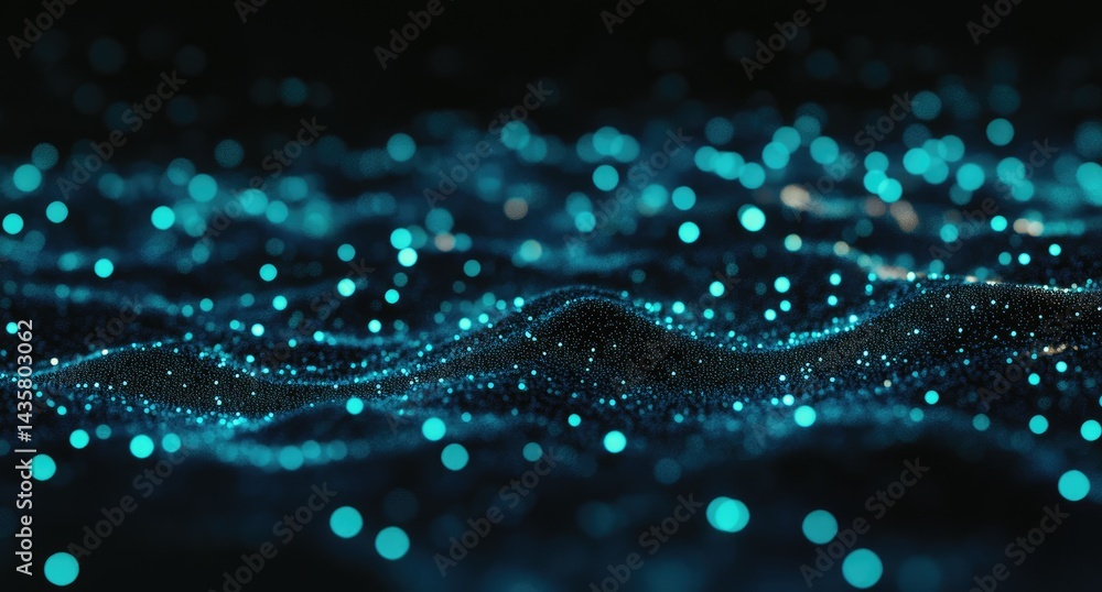 Poster abstract digital wave of glowing particles. a deep dark background is filled with a rippling texture