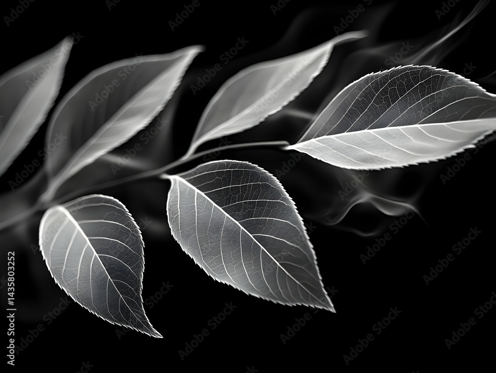 Poster delicate translucent leaves on a dark background showcasing intricate vein patterns