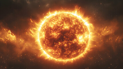 Obraz premium Fiery cosmic body radiating intense heat and light surrounded by swirling particles